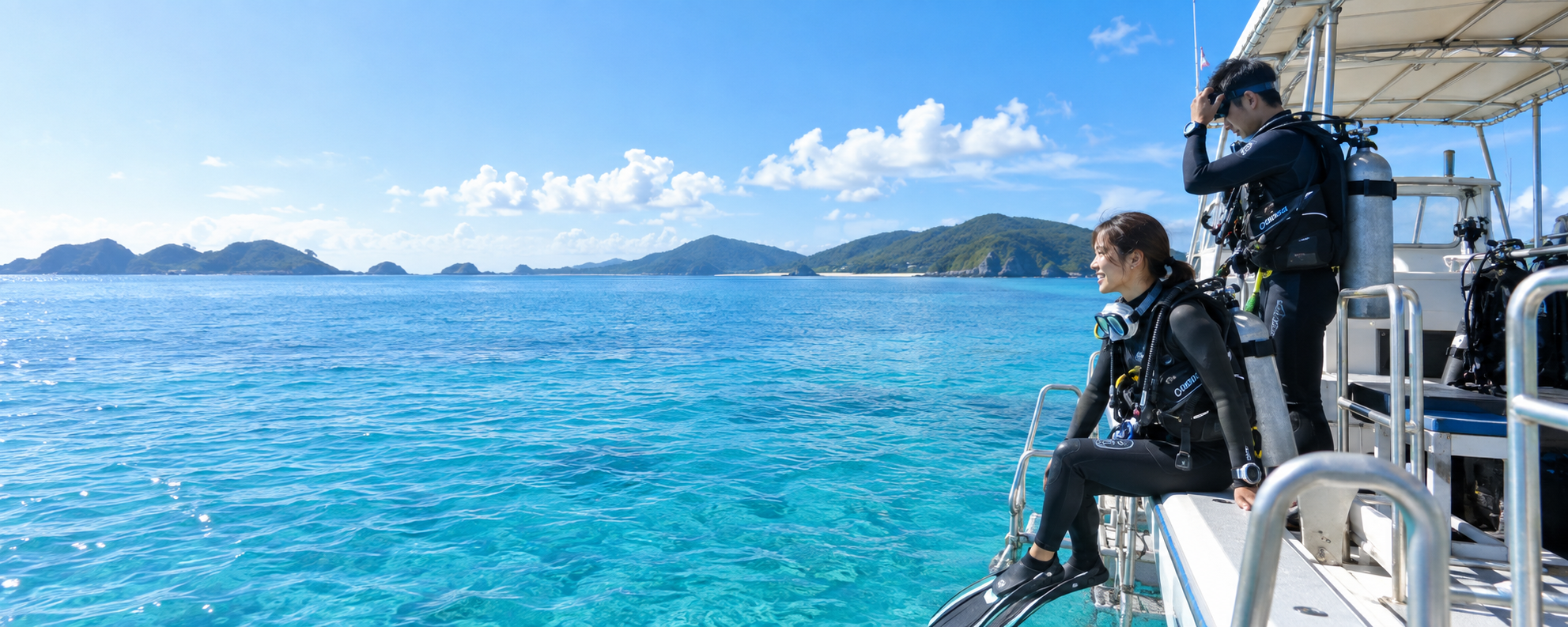 沖縄の青い海とダイビングボートから海へ向かうダイバー